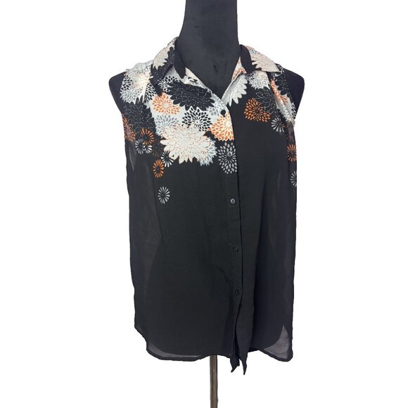 H&M BLACK ORANGE SHEER FLORAL 100% POLYESTER SLEEVELESS SHIRT TANK BLOUSE TOP 8 - Picture 1 of 12